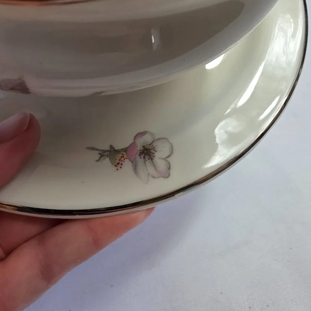 Manor House Spring Glory Gravy Boat & Underplate Pink & White Floral Gray Leaves